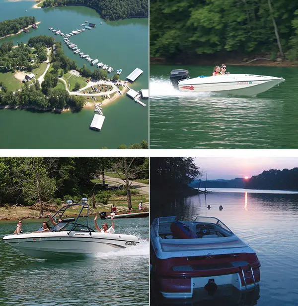 group of 4 photos; Top left - aerial view of Norris Lake Marina; top right and bottom left - close ups of boats speeding on the water creating a wake; bottom right - boat anchored on the water at sunset