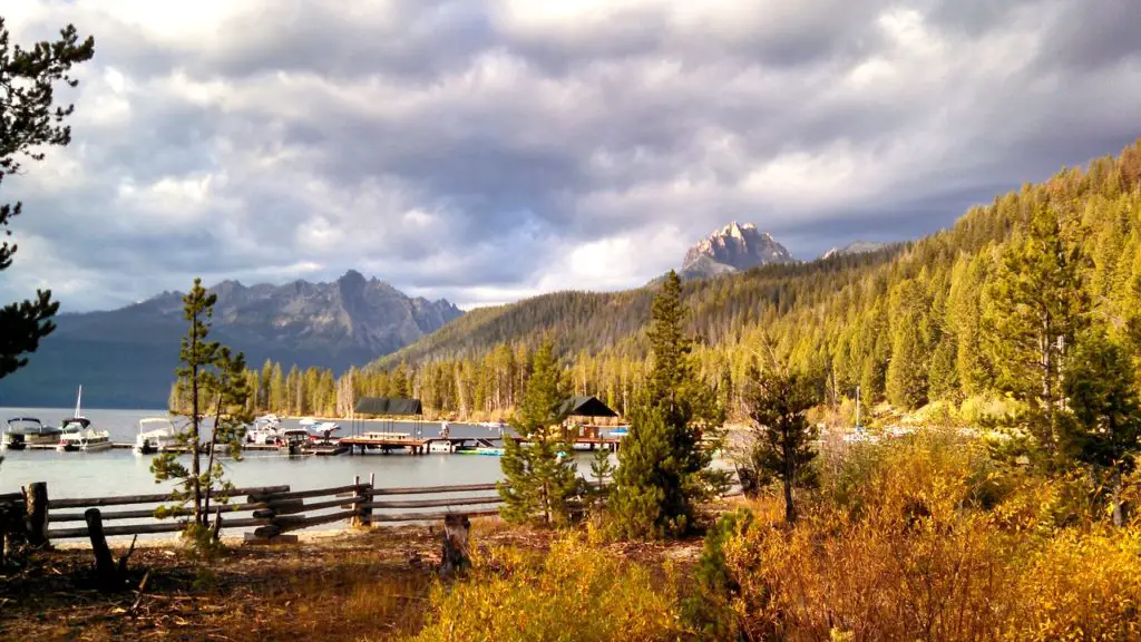 Trees in foreground and dock with boats on Redfish Lake, Idaho in background