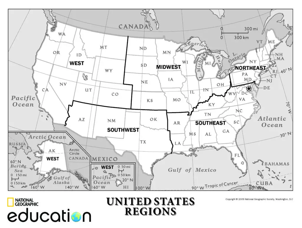 Black and white map of the United States with bolded black borders surrounding the 5 regions - West, Midwest, Northeast, Southeast and Southwest 